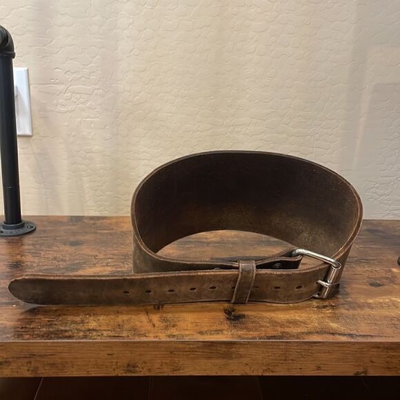 Vintage Lifting Belt, Brown Too Grade Steer Hide Leather with Silver Buckle - Picture 1 of 16